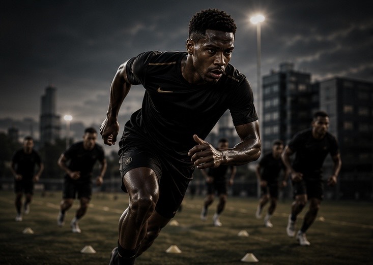 Project XI player leading a focused football training session at night.
