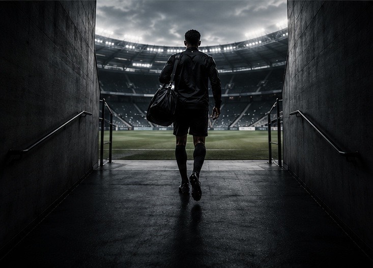 Project XI player entering a stadium from a dark tunnel.